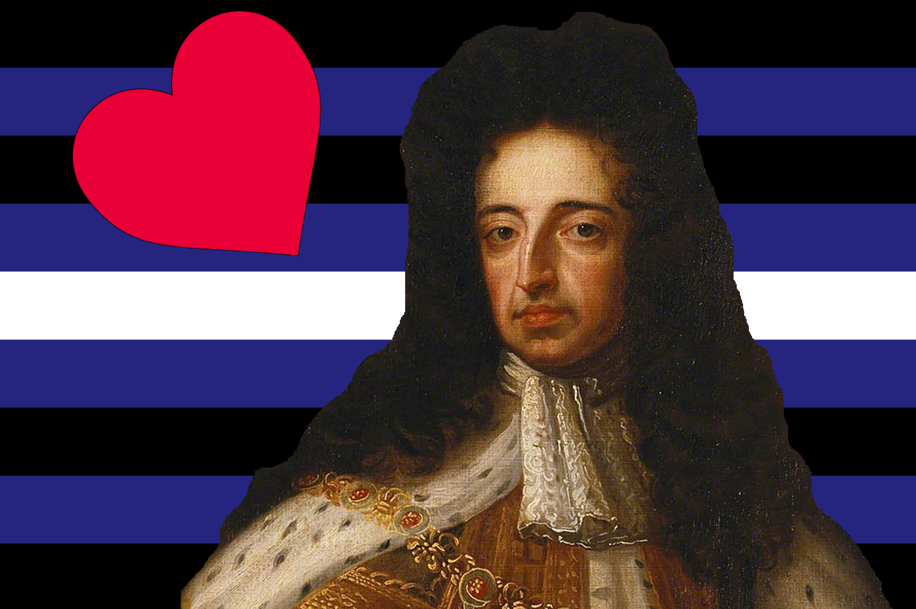 william iii at the foreground of a leather/latex/kink pride flag